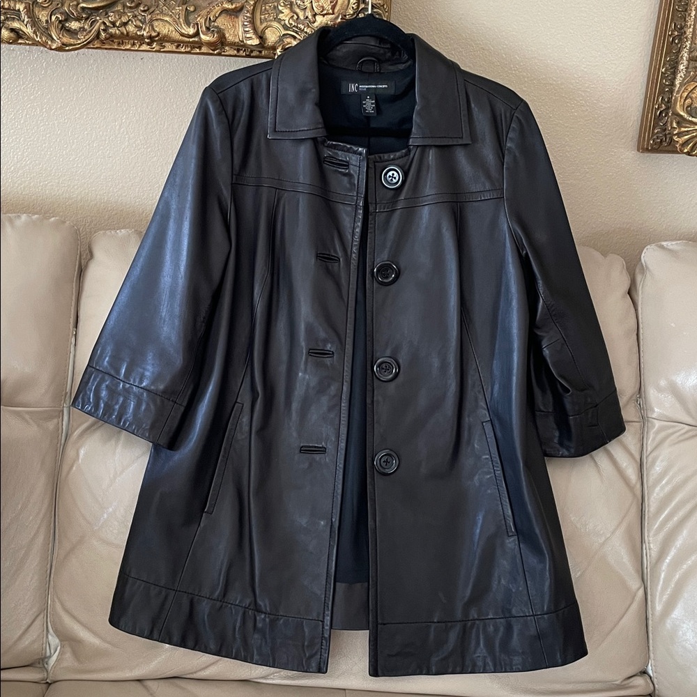 INC International Concepts Black Lamb Leather Jacket 3/4 Length Sleeves M - Picture 2 of 12